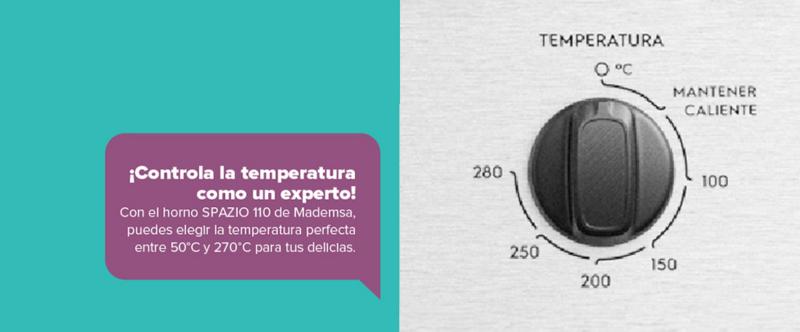 ¡Controla la temperatura como un experto! Con el horno SPAZIO 110 de Mademsa, puedes elegir la temperatura perfecta entre 50°C y 270°C para tus delicias.
